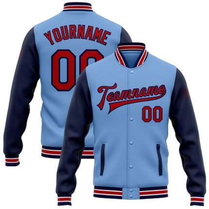 Custom Team Name and Number Light Blue Red-Navy Two Tone Bomber Jacket Full-Snap Varsity Letterman Personalized Light Blue