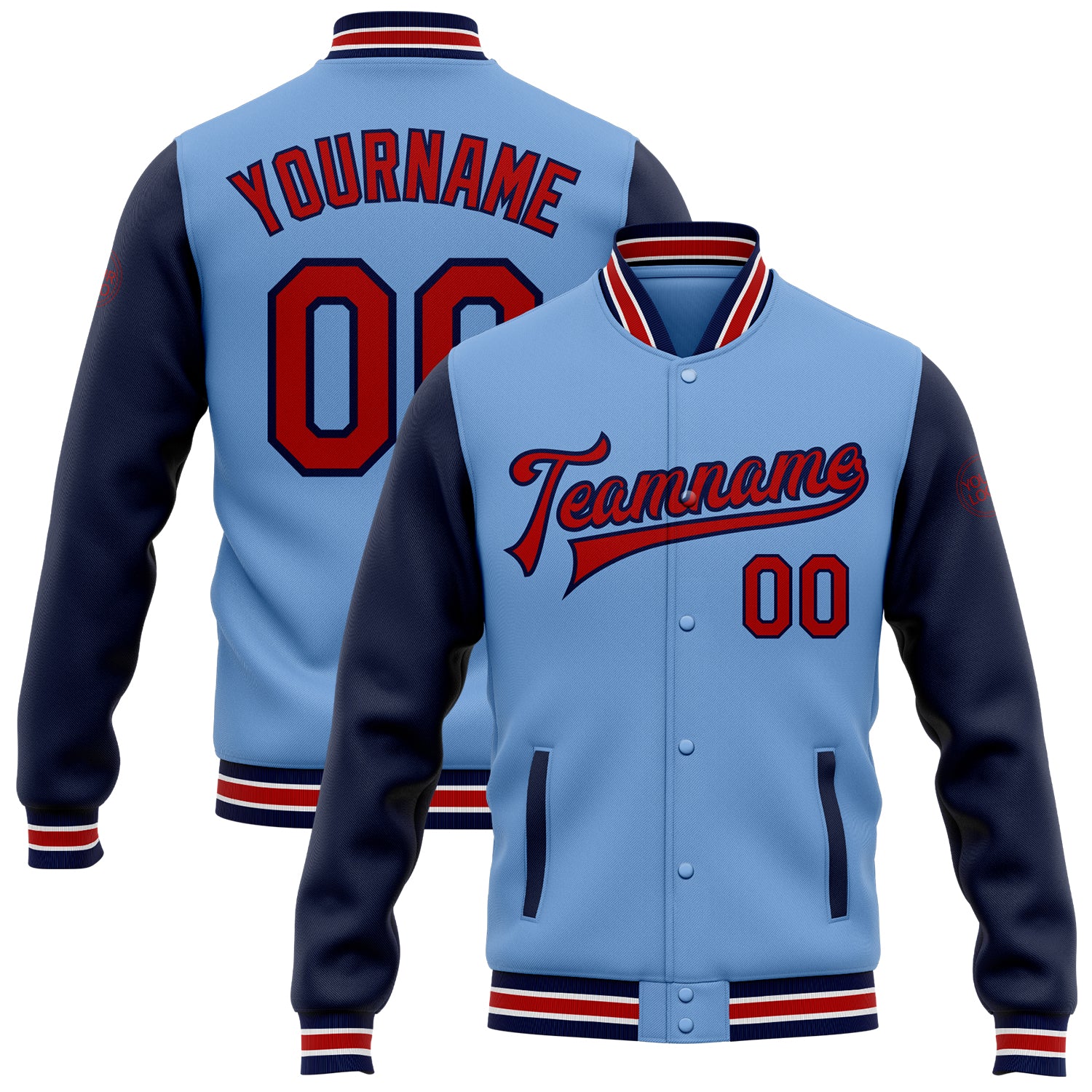 Custom Team Name and Number Light Blue Red-Navy Two Tone Bomber Jacket Full-Snap Varsity Letterman Personalized Light Blue