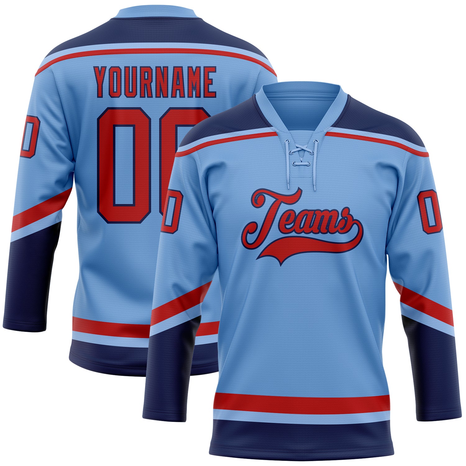 Custom Name and Number Light Blue Red Navy Hockey Jersey - Personalized Lace Neck Team Gear Personalized Light Blue Red-Navy
