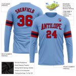 Custom Name and Number Long Sleeve Performance T-Shirt - Light Blue Red-Navy Team Apparel Personalized Light Blue Red-Navy