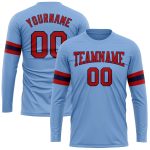 Custom Name and Number Long Sleeve Performance T-Shirt - Light Blue Red-Navy Team Apparel Personalized Light Blue Red-Navy