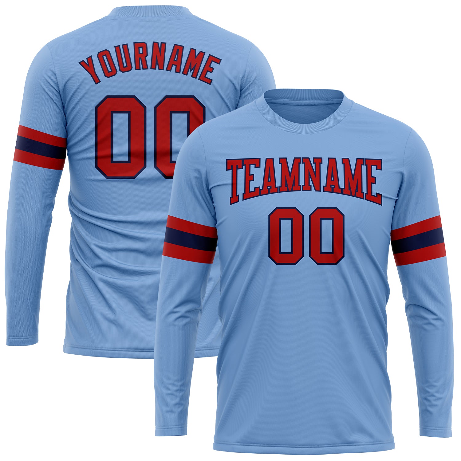 Custom Name and Number Long Sleeve Performance T-Shirt - Light Blue Red-Navy Team Apparel Personalized Light Blue Red-Navy