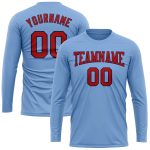 Custom Name and Number Long Sleeve Performance T-Shirt - Light Blue Red-Navy Team Apparel Personalized Light Blue Red-Navy