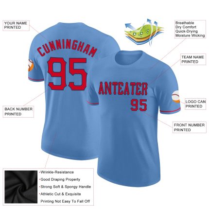 Personalized Light Blue Performance T-Shirt for Men, Red-Navy Design, Customizable Apparel Personalized Light Blue Red-Navy