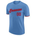 Custom light blue, red and navy performance t-shirt, flat lay