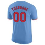 Custom light blue, red and navy performance t-shirt, close-up of the collar