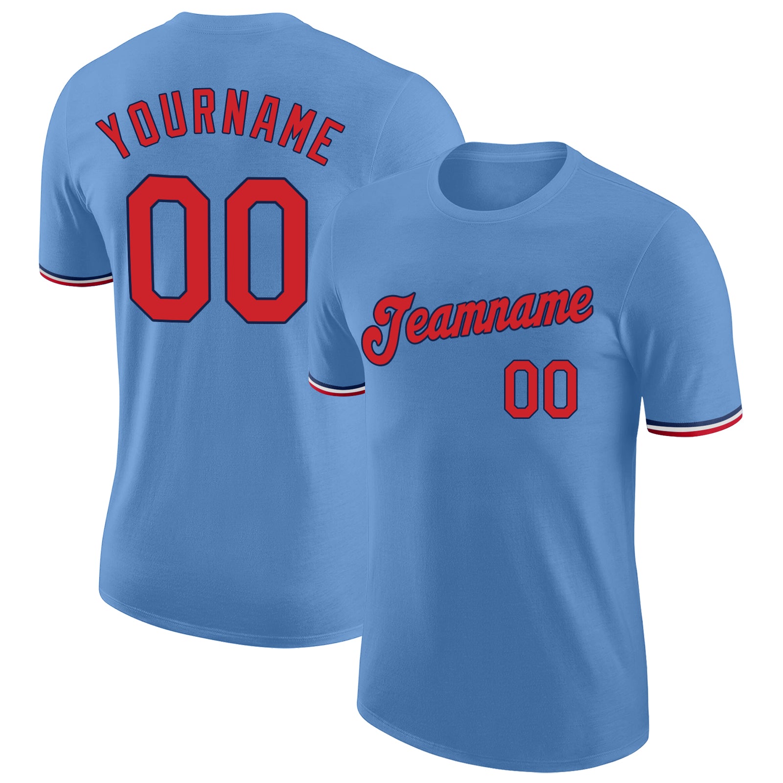 Custom Team Performance T-Shirt with Name and Number - Light Blue Red-Navy Design Personalized Light Blue Red-Navy Performance