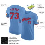 Custom light blue, red and navy performance t-shirt, back view