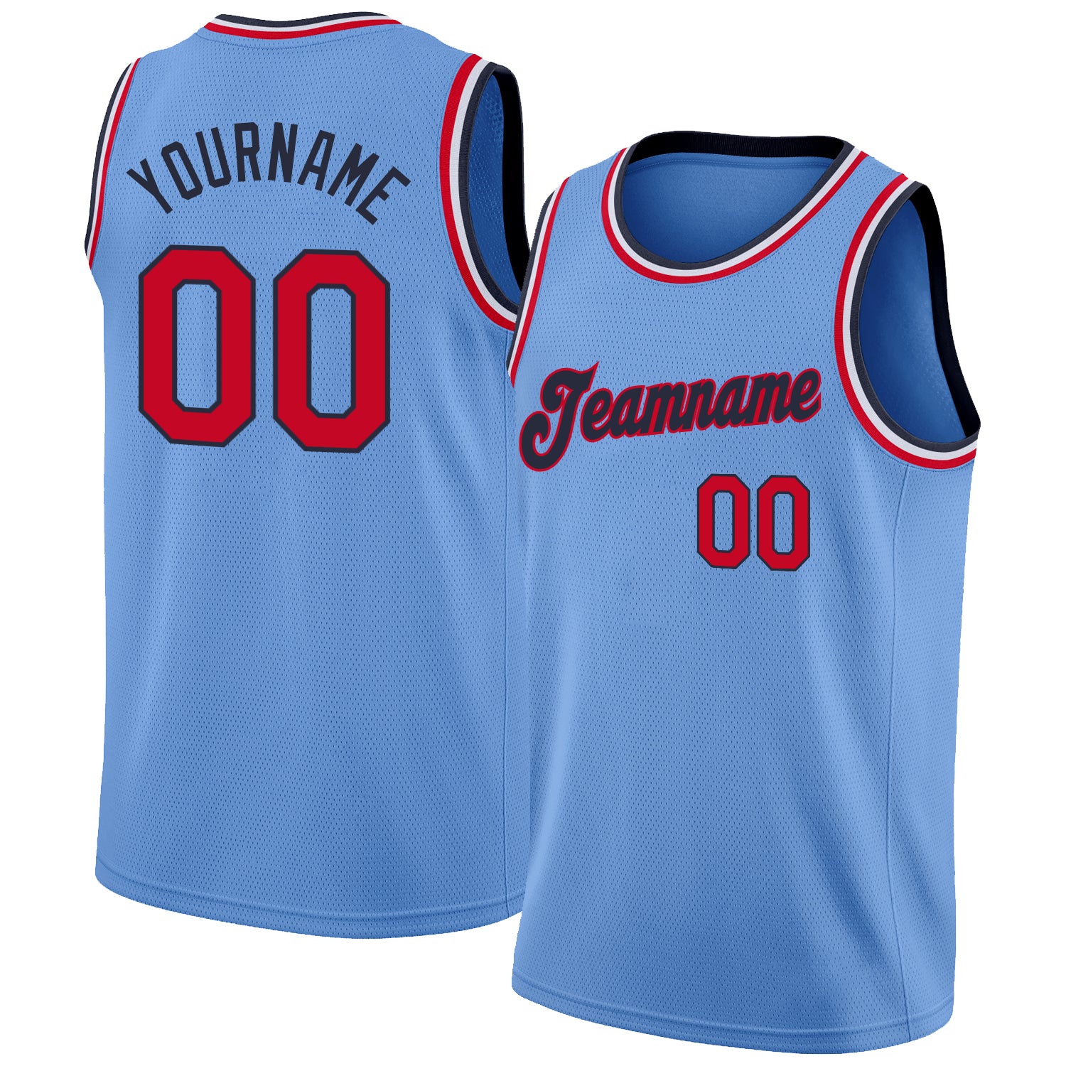Custom Basketball Jersey with Personalized Name and Number - Light Blue Red-Navy Round Neck Rib-Knit Design Personalized