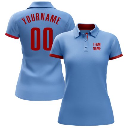 Custom Name and Number Golf Polo Shirt - Personalized Light Blue Red Performance Shirt Personalized Light Blue Red Performance
