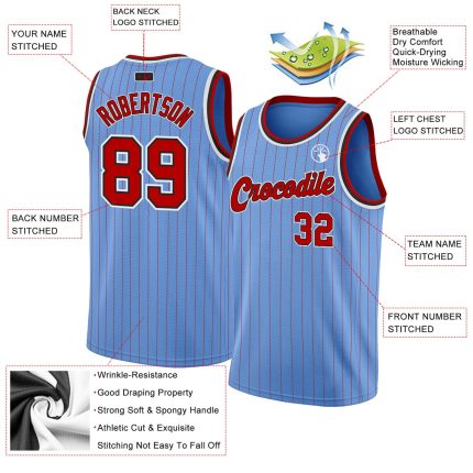 Custom Name and Number Authentic Basketball Jersey - Light Blue Red Pinstripe, Team Colors Red & Black Personalized Light