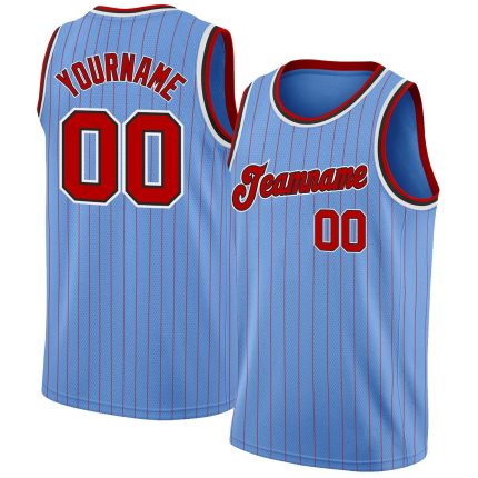 Custom Name and Number Authentic Basketball Jersey - Light Blue Red Pinstripe, Team Colors Red & Black Personalized Light