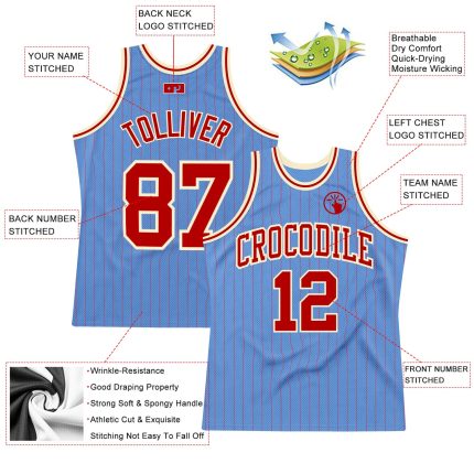 Custom Name Number Basketball Jersey Authentic Red-Cream Light Blue Red Pinstripe - Personalized Team Apparel Personalized
