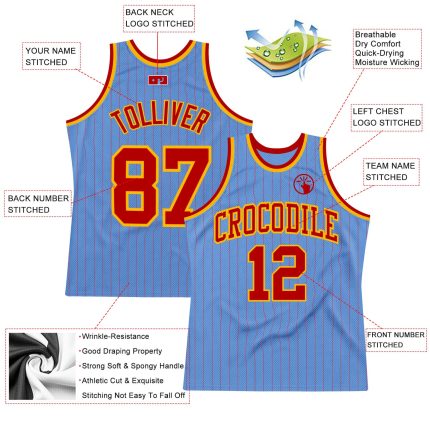 Personalized Light Blue Red Pinstripe Basketball Jersey Authentic Red-Gold Personalized Light Blue Red Pinstripe Red-Gold