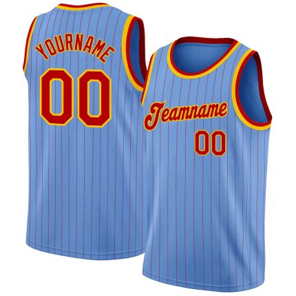 Custom Authentic Basketball Jersey - Personalized Light Blue Red Pinstripe with Name & Number - Team Apparel Personalized