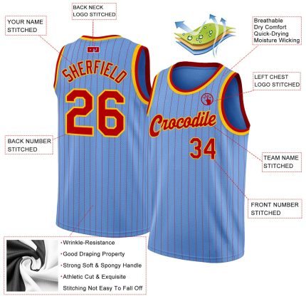 Custom Authentic Basketball Jersey - Personalized Light Blue Red Pinstripe with Name & Number - Team Apparel Personalized
