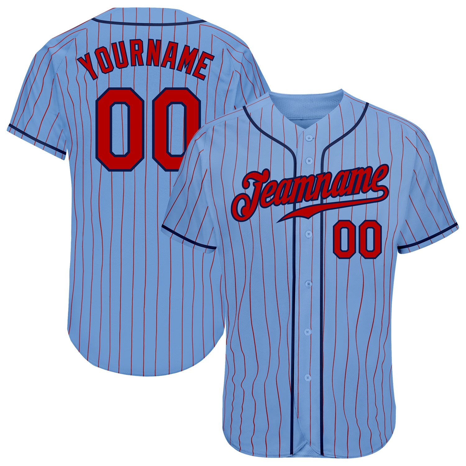 Personalized Custom Name and Number Red-Navy Authentic Baseball Jersey - Light Blue Red Pinstripe Design Personalized Light