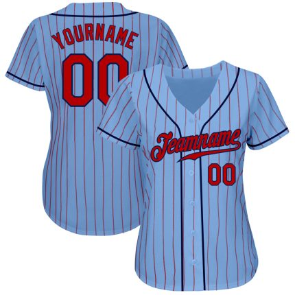 Personalized Custom Name and Number Red-Navy Authentic Baseball Jersey - Light Blue Red Pinstripe Design Personalized Light