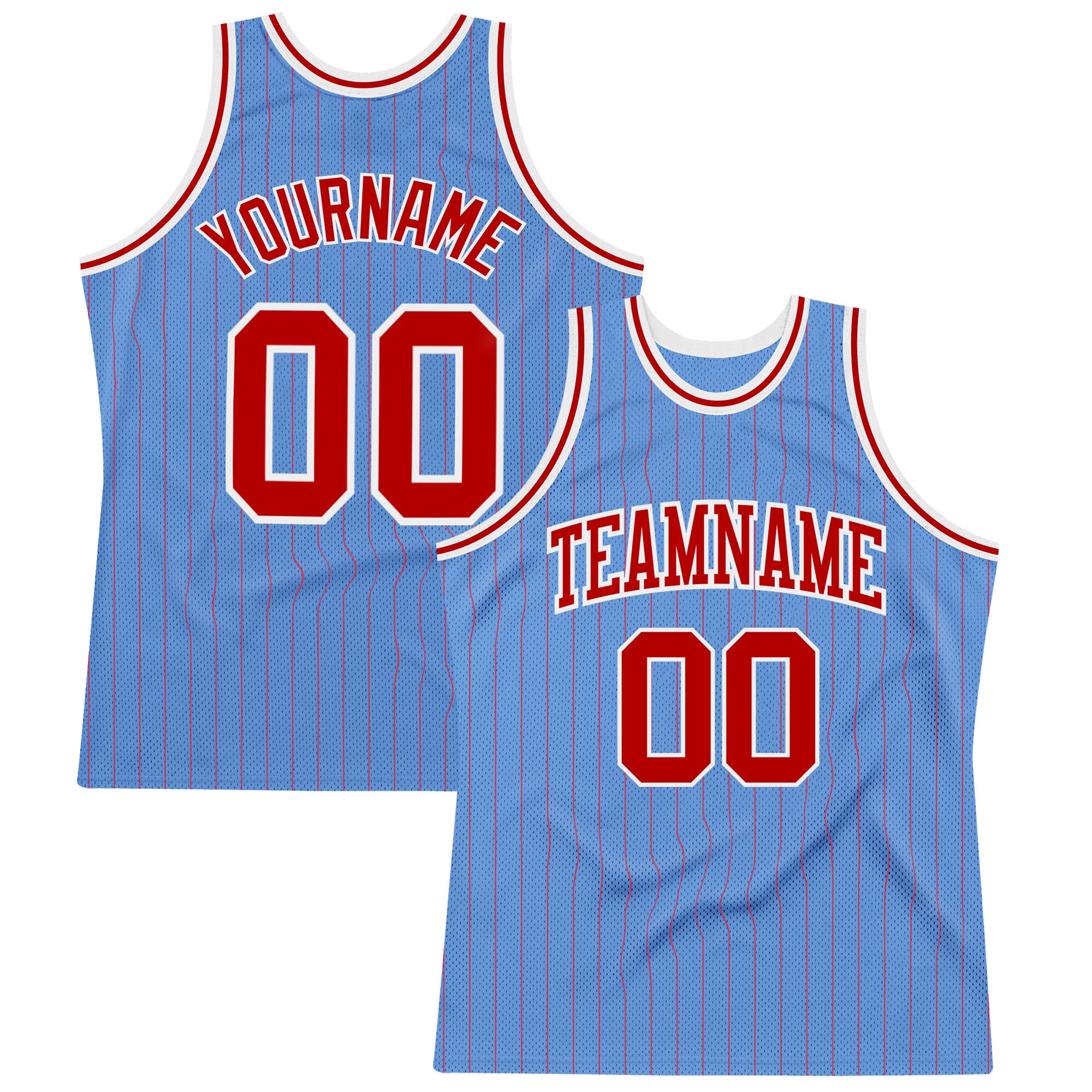 Custom Name and Number Light Blue Red Pinstripe Basketball Jersey - Authentic Team Apparel Personalized Light Blue Red Pinstripe