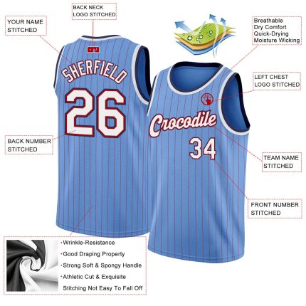 Custom Name Number Authentic Basketball Jersey Light Blue Red Pinstripe White Navy - Personalized Team Jersey Personalized