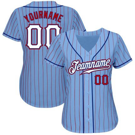 Custom Name and Number Baseball Jersey - Light Blue Red Pinstripe White-Royal Authentic Design Personalized Light Blue Red