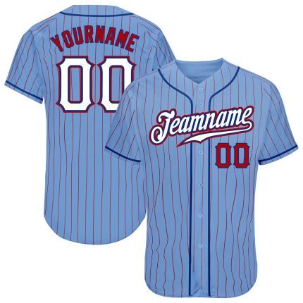 Custom Name and Number Baseball Jersey - Light Blue Red Pinstripe White-Royal Authentic Design Personalized Light Blue Red
