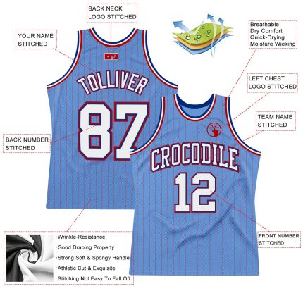 Custom Name and Number Basketball Jersey, Light Blue Red Pinstripe White-Royal, Personalized Team Gear Personalized Light