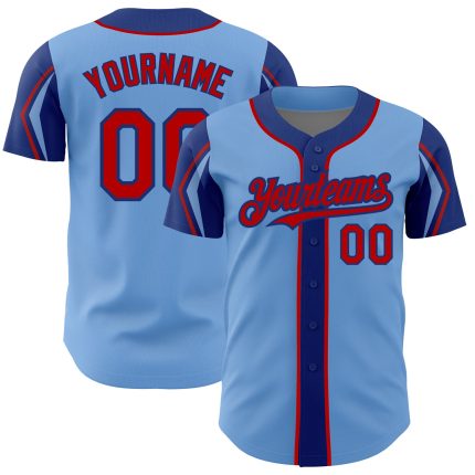 Personalized Authentic Baseball Jersey with Custom Name & Number - Light Blue, Red-Royal Colors, Arm Shapes Personalized