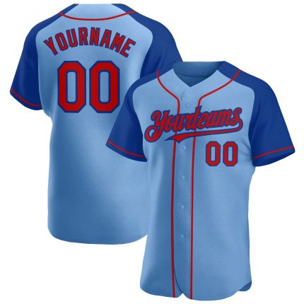Custom Name and Number Authentic Baseball Jersey - Personalized Light Blue Red-Royal Raglan Sleeves Personalized Light Blue