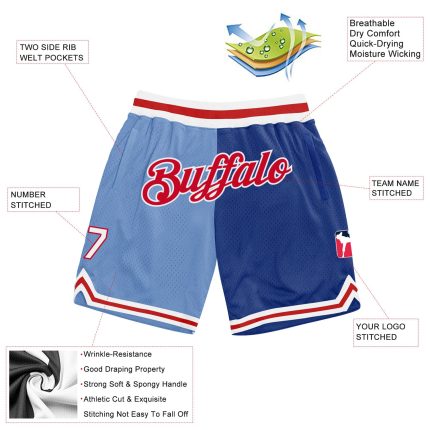 Personalized Custom Name and Number Throwback Basketball Shorts - Light Blue Red-Royal Split Fashion Design Personalized