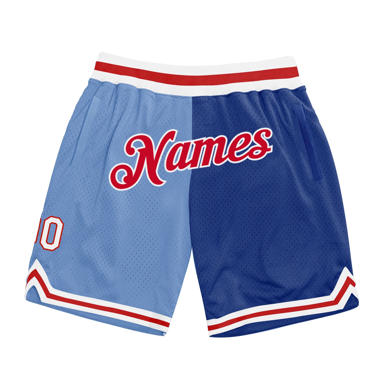 Personalized Custom Name and Number Throwback Basketball Shorts - Light Blue Red-Royal Split Fashion Design Personalized