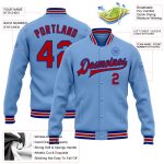 Custom Team Name & Number Light Blue Red-Royal Varsity Letterman Bomber Jacket Personalized Light Blue Red-Royal Bomber Full-Snap