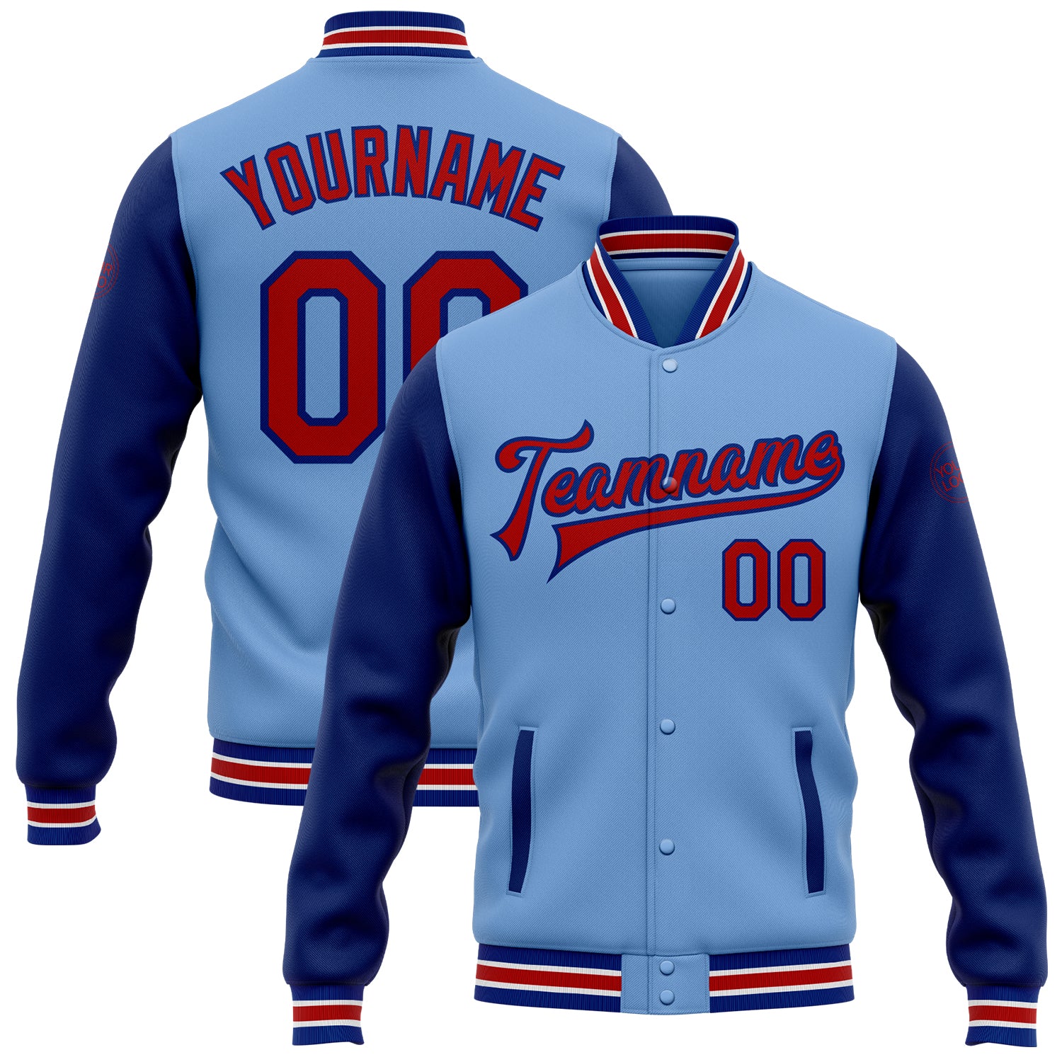Custom Name Number Varsity Letterman Jacket Light Blue Red Royal Two Tone Bomber Personalized Light Blue Red-Royal Bomber