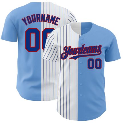Custom Name and Number Authentic Split Fashion Baseball Jersey - Personalized Light Blue Red-Royal Pinstripe Style Personalized