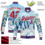 Custom Name & Number Personalized Winter Landscape 3D Pattern Bomber Jacket Light Blue Red-Royal Snowy Trees Varsity Letterman