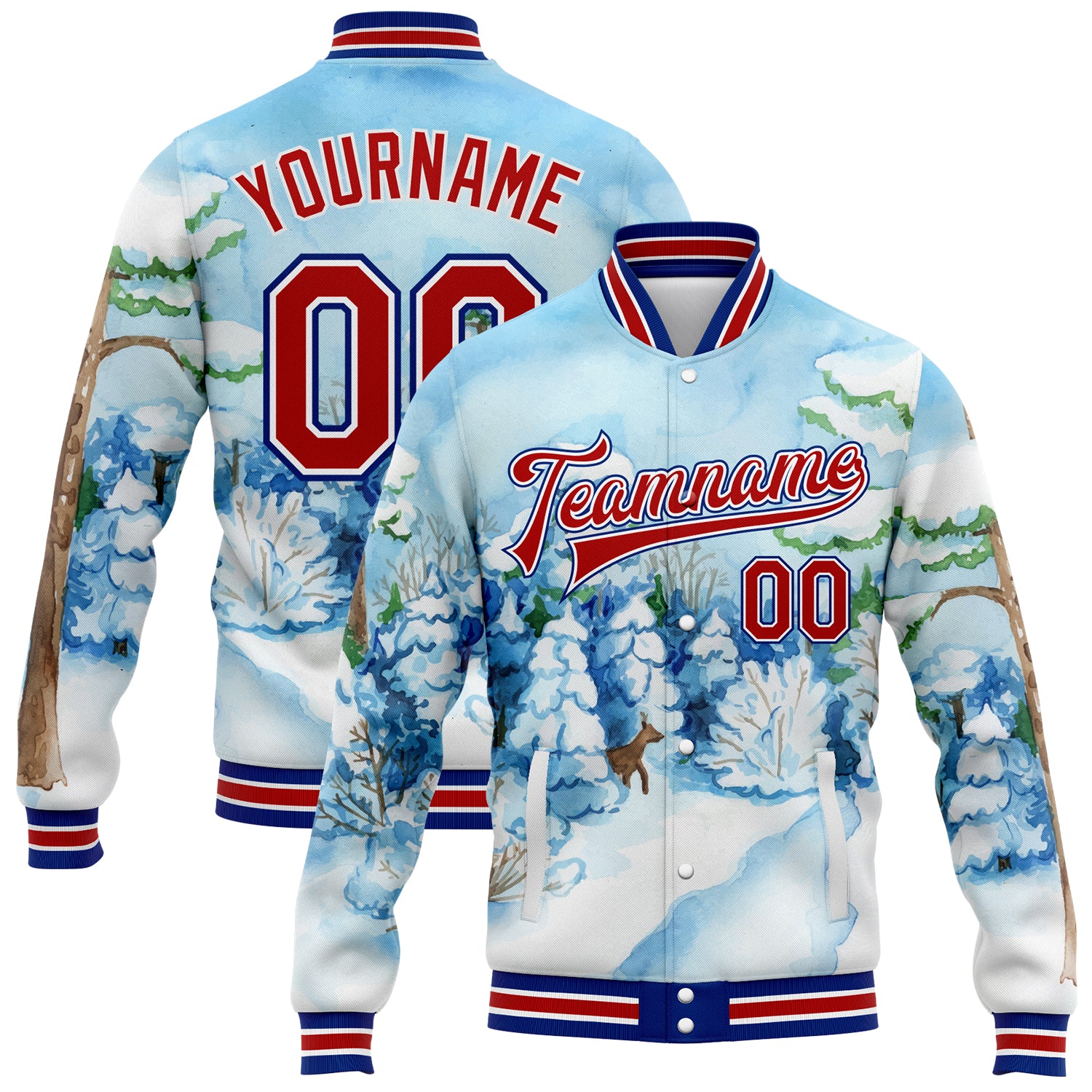 Custom Name & Number Personalized Winter Landscape 3D Pattern Bomber Jacket Light Blue Red-Royal Snowy Trees Varsity Letterman