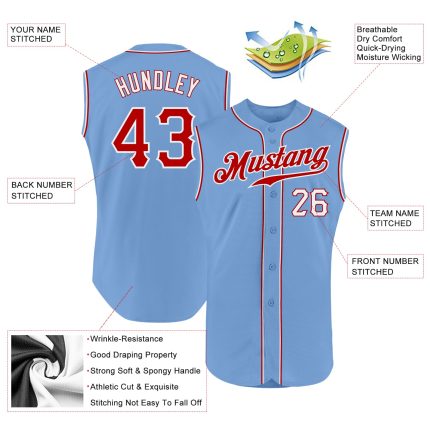 Custom Name and Number Authentic Sleeveless Baseball Jersey - Personalized Light Blue Red-White Team Jersey Personalized
