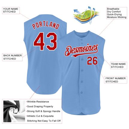 Personalized Light Blue Red White Baseball Jersey - Authentic Sleeveless Design Personalized Light Blue Red-White Authentic