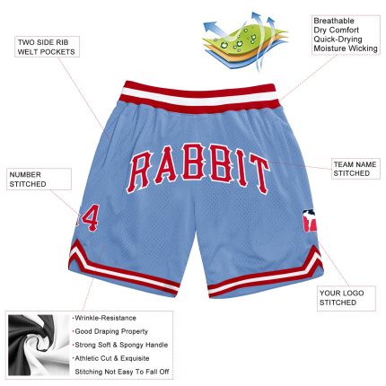Custom Team Basketball Shorts with Name and Number - Authentic Light Blue Red-White Throwback Design Personalized Light Blue