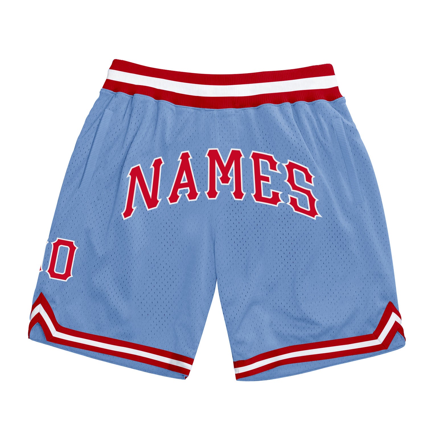 Custom Team Basketball Shorts with Name and Number - Authentic Light Blue Red-White Throwback Design Personalized Light Blue