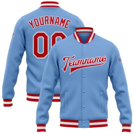 Custom Team Name and Number Bomber Jacket - Personalized Light Blue Red-White Full-Snap Varsity Letterman Jacket Personalized