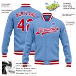 Custom Team Name and Number Bomber Jacket - Personalized Light Blue Red-White Full-Snap Varsity Letterman Jacket Personalized