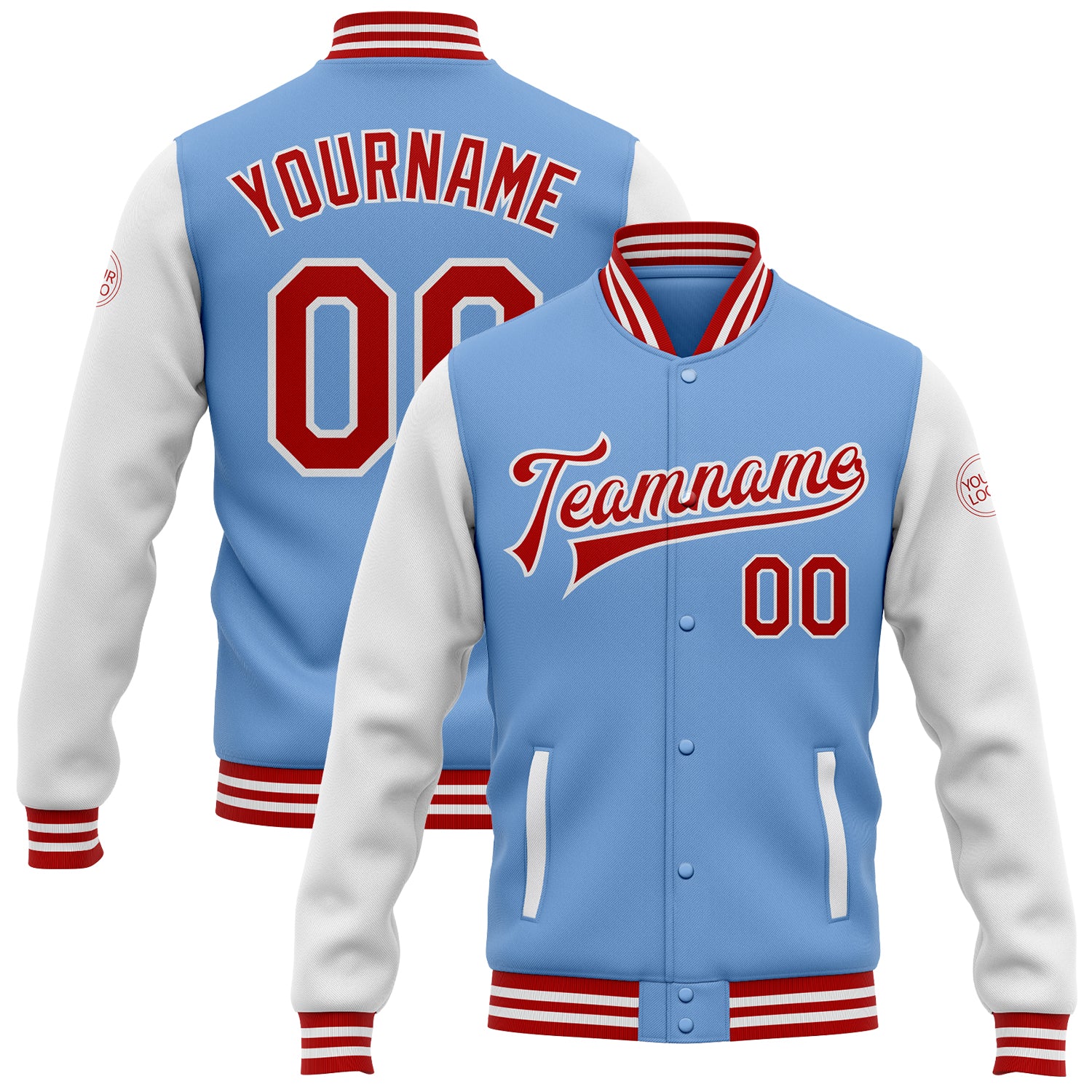 Personalized Light Blue Red White Varsity Letterman Bomber Jacket Full Snap Two Tone Personalized Light Blue Red-White Bomber