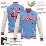 Personalized Light Blue Red White Varsity Letterman Bomber Jacket Full Snap Two Tone Personalized Light Blue Red-White Bomber