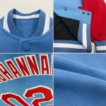 Customizable Varsity Letterman Jacket Light Blue Red-White Bomber with Team Name and Number Personalized Light Blue Red-White