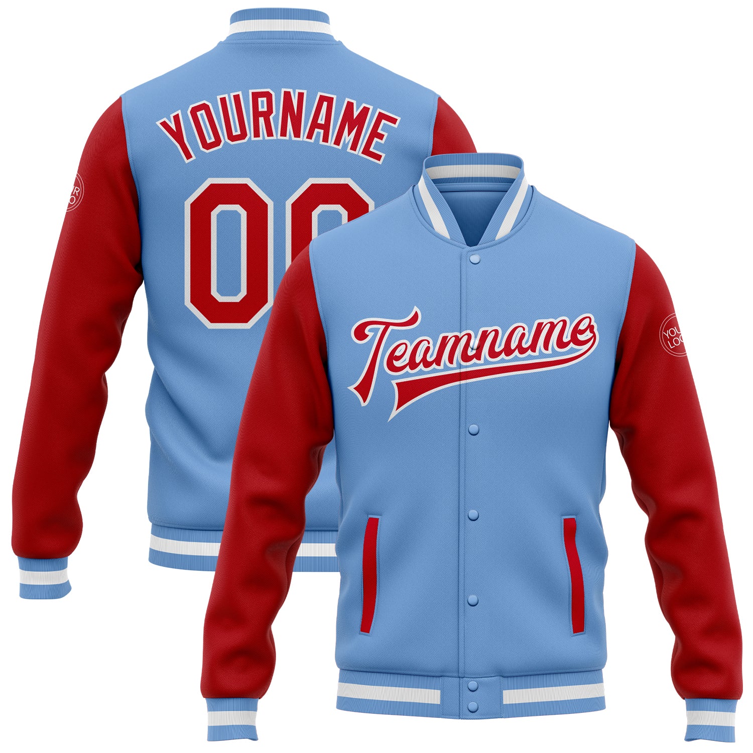 Customizable Varsity Letterman Jacket Light Blue Red-White Bomber with Team Name and Number Personalized Light Blue Red-White