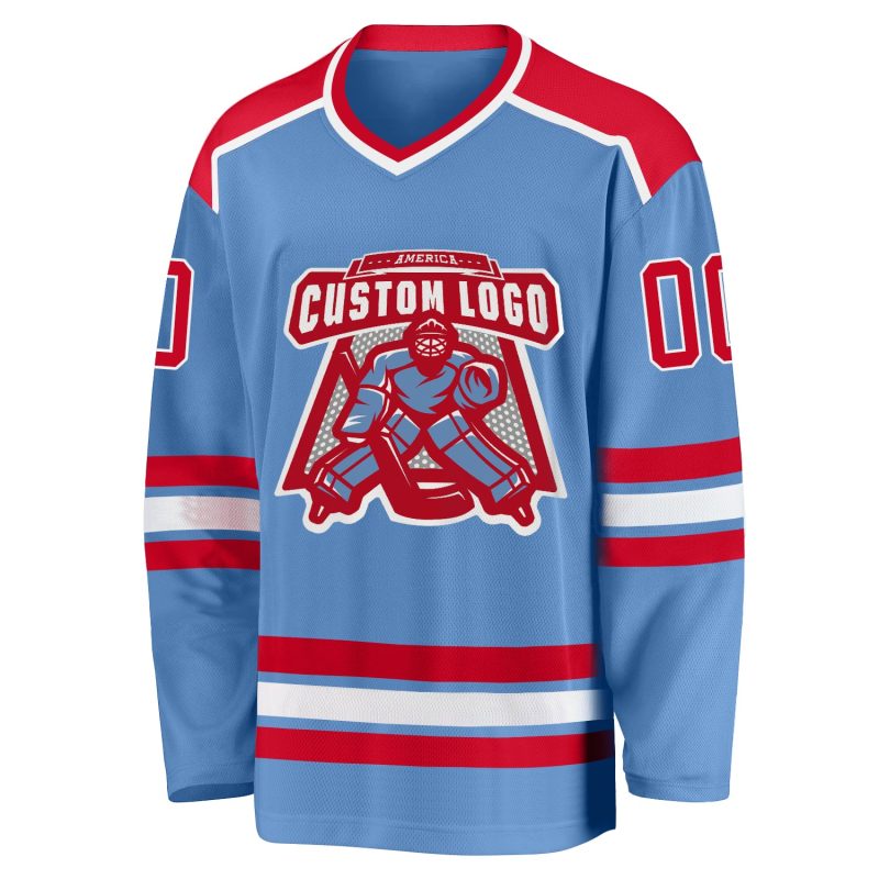 Personalized Light Blue Hockey Jersey with Red and White Details for Fans Personalized Light Blue Red-White Hockey Jersey