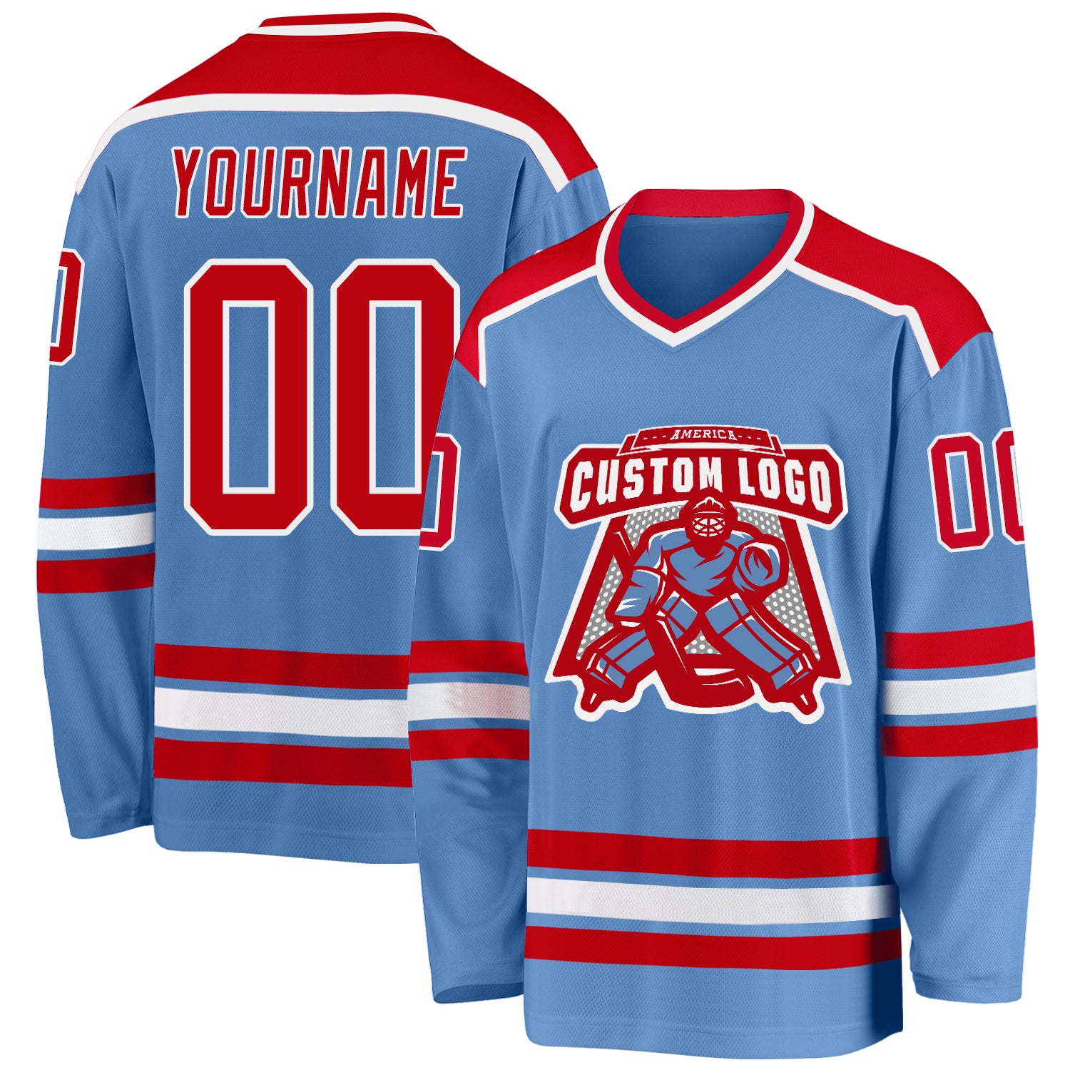 Personalized Light Blue Hockey Jersey with Red and White Details for Fans Personalized Light Blue Red-White Hockey Jersey