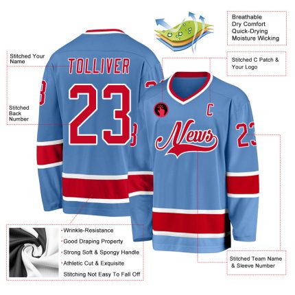 Custom Name and Number Light Blue Red-White Hockey Jersey - Personalized Team Jersey Personalized Light Blue Red-White Hockey