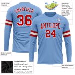Custom Team Name Number Long Sleeve Performance T-Shirt - Personalized Light Blue Red White Design Personalized Light Blue